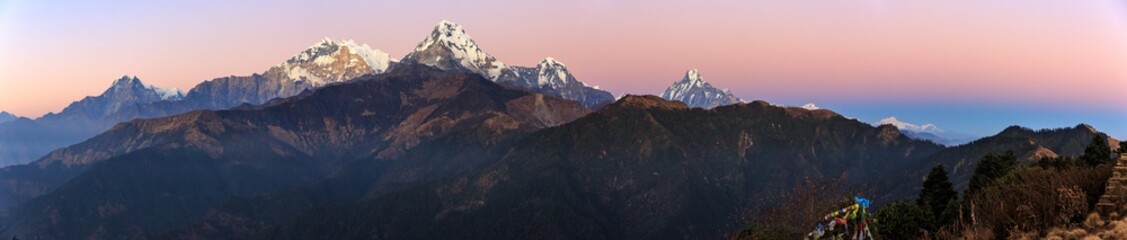 Sunset at Poon Hill on the Annapurna circuit in Nepal, view to Annapurna mountain range