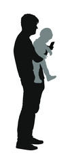 Awkward clumsy father with baby in hand watching in phone vector silhouette. Gawky unhandy young parent with child. Irresponsible confused man with toddler. Imprudent unthinking father carrying kid.