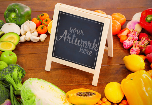 Small Chalkboard surrounded by Vegetables Mockup
