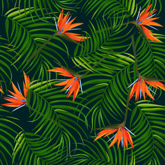 Fototapeta na wymiar Dark tropical background. Palm leaves and bird of paradise strelitzia seamless pattern.