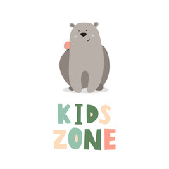 Kid s zone vector illustration. Cute bear with little bird and bold handwrittem text.