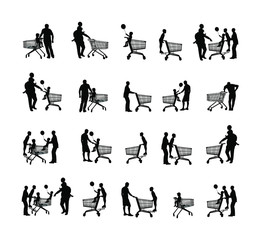 Family doing everyday grocery with shopping basket at supermarket, vector silhouette isolated. Man and woman with kids usual after work with consumer bag buy food and goods. Empty shopping cart.