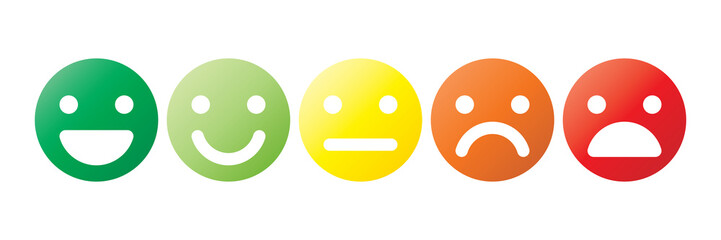 Basic emoticons set. Five facial expression of feedback scale - from positive to negative. Simple colored vector icons