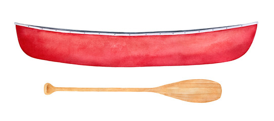 Red canoe and light brown paddle watercolor illustration set. Sport leisure, active vacations, summer relax equipment. Closeup. Handdrawn watercolour painting, cut out clipart elements for design.
