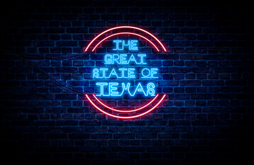 A sign showing Texas state slogan, in blue and red neon light on a brick wall background and wires...
