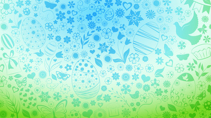 Background of eggs, flowers, cakes, hare, hen, chicken and other Easter symbols in light blue and green colors
