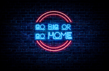 A sign showing Texas state slogan, in blue and red neon light on a brick wall background and wires on the side.