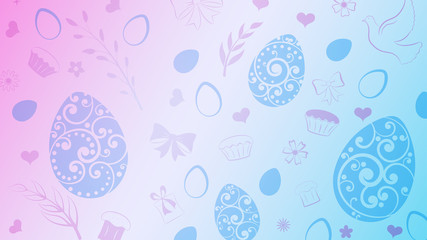 Background of eggs, flowers, cake, gift box and other Easter symbols in light blue and purple colors