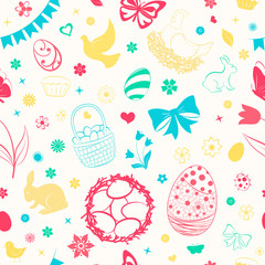 Seamless pattern of eggs, flowers, cakes, hare, hen, chicken and other Easter symbols, multicolored on white