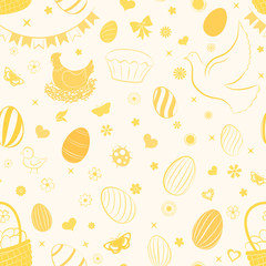 Seamless pattern of eggs, flowers, cakes, hare, hen, chicken and other Easter symbols in yellow colors