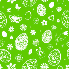 Seamless pattern of eggs, flowers, gift box, chicken and other Easter symbols, white on green