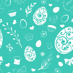 Seamless pattern of eggs, flowers, cake, gift box and other Easter symbols, white on green