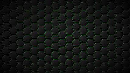Abstract background of black hexagon tiles with green gaps between them