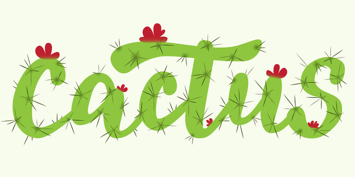 Cactus - vector hand lettering designed in cactus shape style with flowers. Green inscription on light background. Vector illustration.