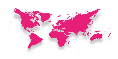 Fototapeta na wymiar Map of World. Simple pink silhouette with dropped shadow isolated on white background. Vector illustration