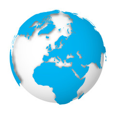 Earth globe. 3D world map with blue lands dropping shadows on white surface. Vector illustration