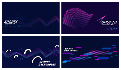 Set of four dark abstract sports backgrounds in blue and purple colors