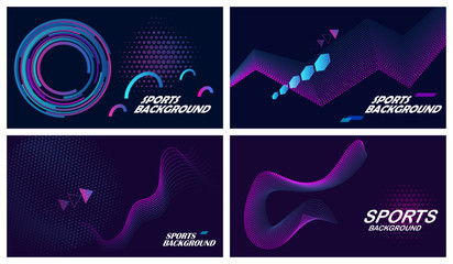Set of four dark abstract sports backgrounds in blue and purple colors