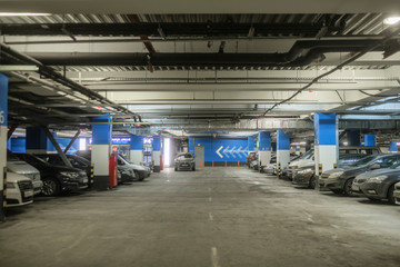 Moscow, Russia - March, 2, 2019: cars on an underground parking in Crocus Expo Center in Moscow