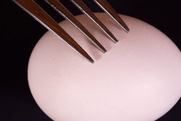 image of closeup of a fork on a piece of sausage