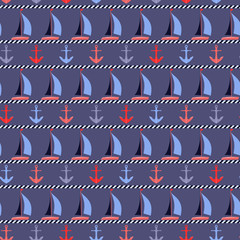 Vector seamless nautical pattern with boats and anchors in navy blue, coral, red, and blue colors. Striped maritime design is decorated with a drawn rope. Perfect for packaging, fabric, fashion, decor