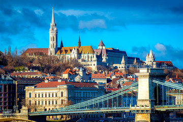 View of Budapest cityscape with Chain Bridge, Matthias Church and Fisherman Bastion. Hungary