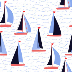 Vector seamless nautical pattern with sail boats in white, navy blue, coral, and blue for coastal style home decoration, packaging, fabric. Striped maritime design is decorated with hand-drawn waves.
