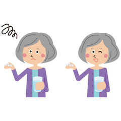 ポップなシニアの女性が薬を飲む　ポジティブとネガティブ