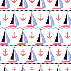 Sailboats and coral anchors nautical vector seamless pattern background for coastal style projects, fabric, packaging, wallpaper. Marine design in blue, coral, white, navy blue colors.