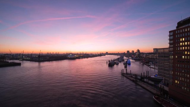 Pink sunset timelapse in Hamburg from an evevated viewpoint