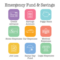 Financial Emergency Fund Icons  - Home or House, Car or Vehicle Damage, Job Loss or Unemployment, and Hospital / Medical Bills