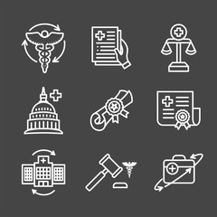 Health Laws and Legal icon set depicting various aspects of the legal system
