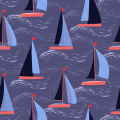 Colorful sailboats on waves nautical vector seamless pattern in blue, coral and navy blue colors. Perfect for wallpaper, home decor in coastal style, fashion, packaging, gift wrapping paper.