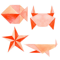 Watercolor sea animals set: a starfish, a crab, a shark, and a fish. Origami style. Isolated on a white background. Waiting for summer and vacations. 