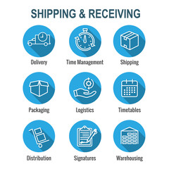 Shipping and Receiving Icon Set with Boxes, Warehouse, checklist, etc