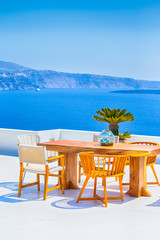 Romantic Summer Open Air Terrace in Oia Village in Santorini In Greece