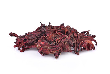 dried hibiscus sabdariffa or roselle fruits on white background