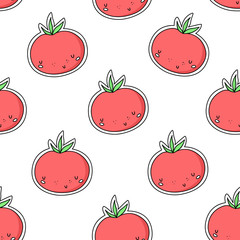 Kawaii vegetable. Tomato. Vector seamless pattern
