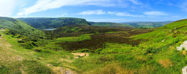 Panoramic view of Sally Gap in the picturesque valleys of Wicklow National Park, Ireland