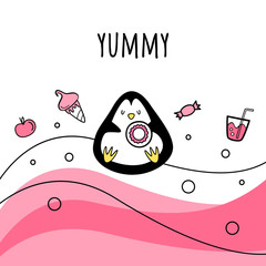 Vector illustration. Penguin with sweets. Cartoon style. Yummy