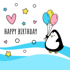 Naklejka premium Vector illustration happy birthday. Penguin with balloons. Cartoon style
