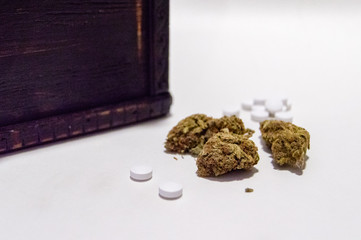 Cannabis marijuana and prescription pain pills narcotics. Alternative medicine, addiction treatment concept.