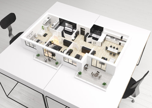 Home floor plan, apartment interior layout on table. 3D render 