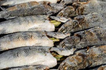Thai street vendor sells grilled fish at street market in Koh Phangan, Thailand. Close up
