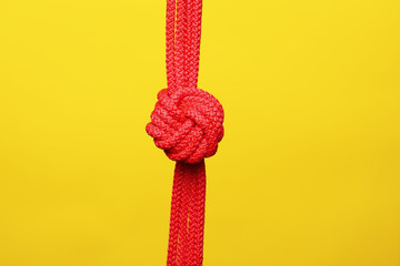Red rope with knot on color background