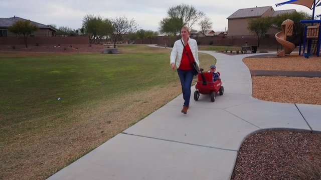 A pregnant mother pulls her young son in a red wagon in the park on a chilly Arizona winter day. Phoenix suburbs.  	