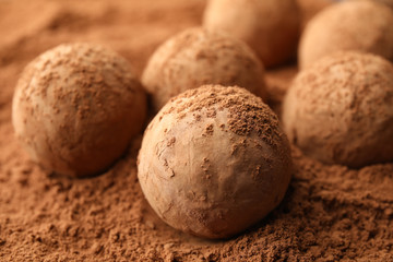 Fototapeta na wymiar Tasty chocolate truffles on cocoa powder, closeup