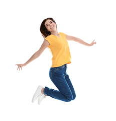 Beautiful young woman in stylish clothes on white background