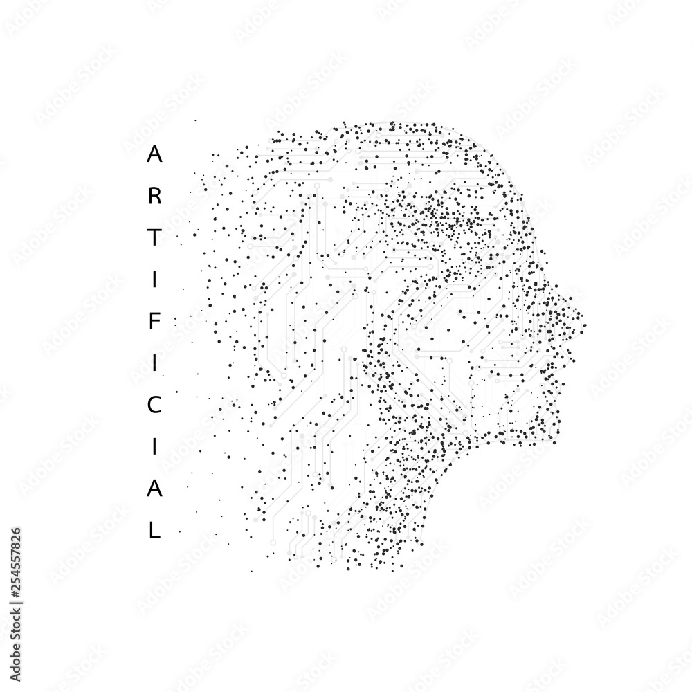 Poster artificial intelligence. abstract geometric human head outline with circuit board. technology and en