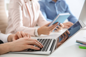 Business people working at table, closeup. Professional communication